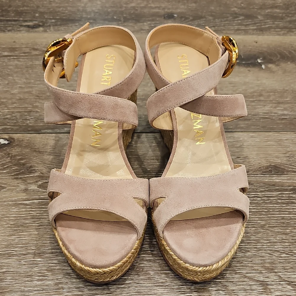 [NEW] Stuart Weitzman Beige Pink Espadrille Wedge Heeled Sandals Zuzu Buckle - Picture 2 of 10